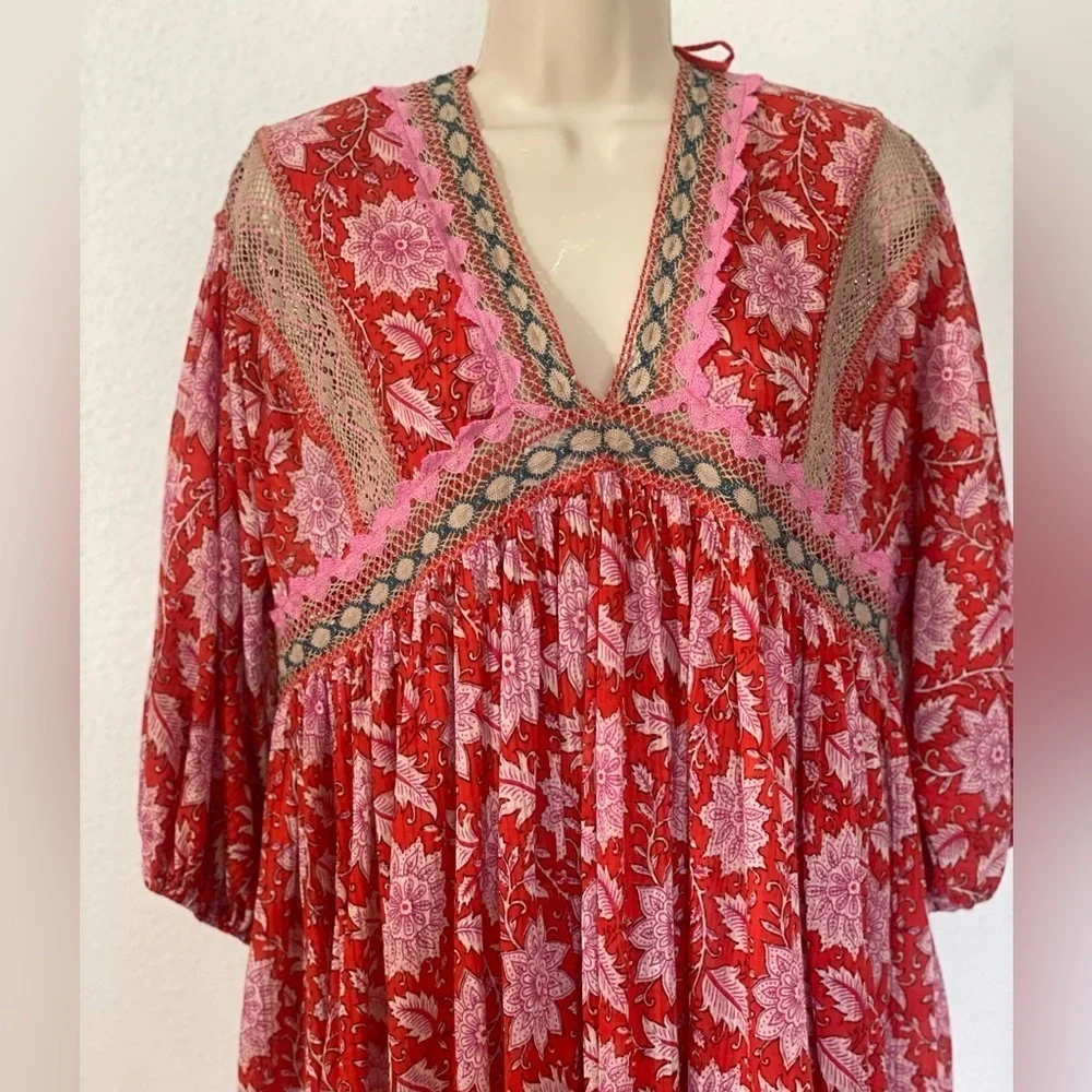 Free People moon child printed crochet inset colorful maxi top XS